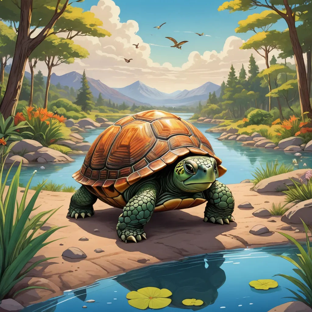 a turtle is standing on a rock near a pond of water and trees with birds flying overhead in the background, sots art, a storybook illustration, Chris LaBrooy, highly detailed digital painting