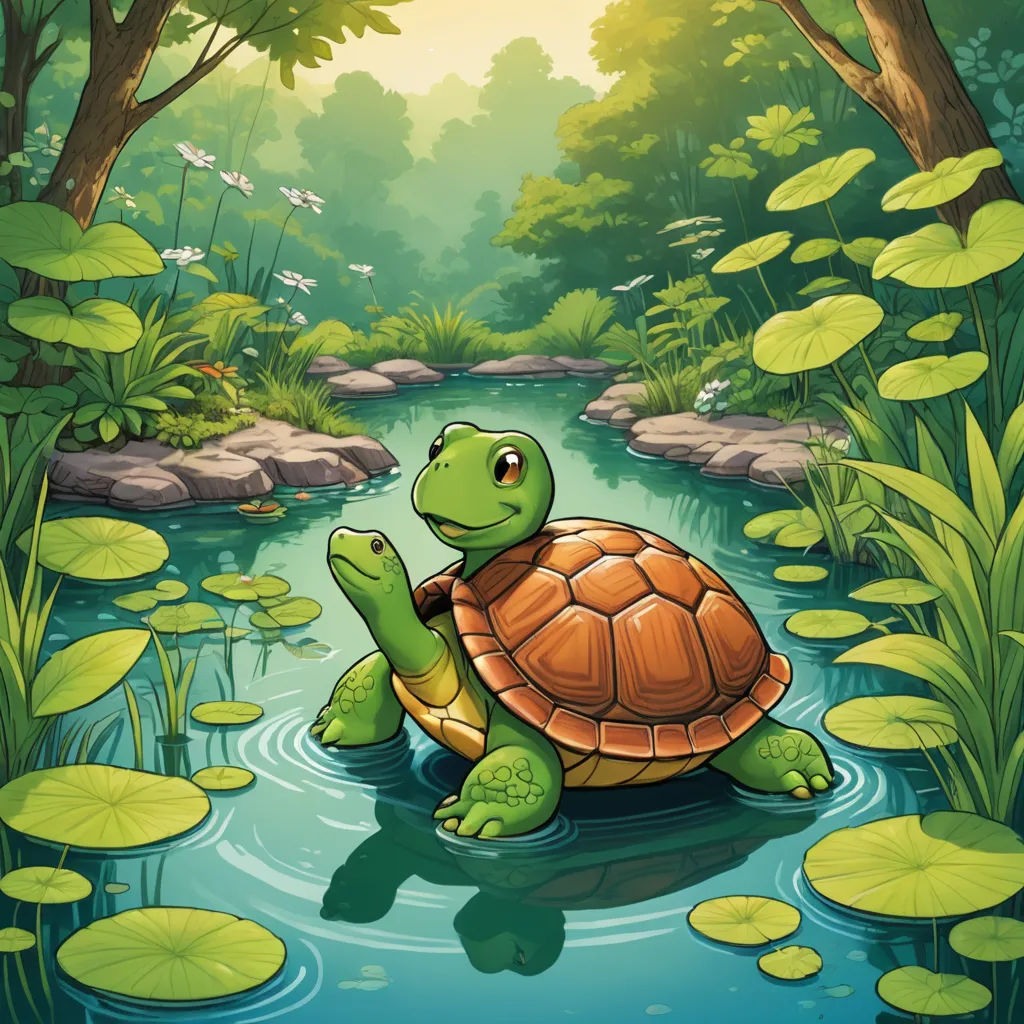 a turtle in the river surrounded by lily pads and trees illustration by alex krapfke, a digital artist, sots art, a storybook illustration, Chris LaBrooy, storybook illustration