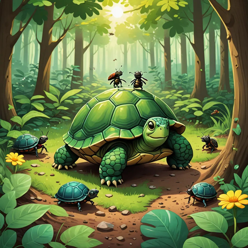 a painting of a turtle in the middle of a forest with people on top of it and a forest background, fantasy art, a storybook illustration, Craola, 2 d game art