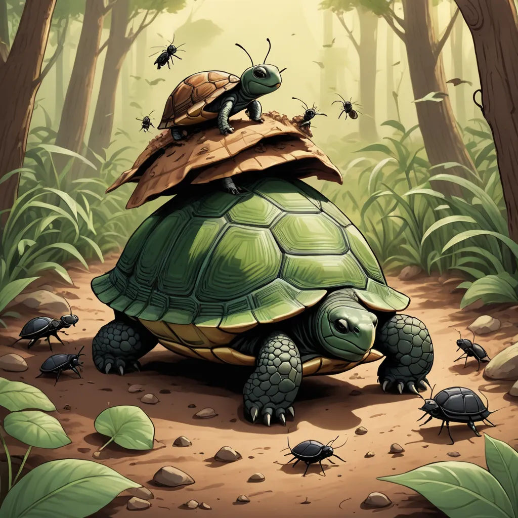 a turtle with a hat on its head in the middle of a forest with ants crawling on it's back, fantasy art, a storybook illustration, Craola, storybook illustration