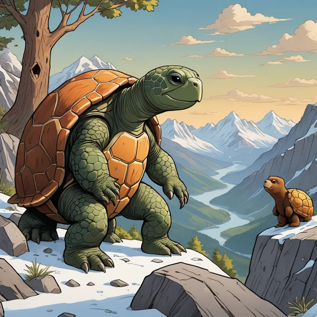 a turtle and a bear are standing on a mountain top together, with a mountain in the background and a sky with clouds, fantasy art, a storybook illustration, Chris LaBrooy, storybook illustration