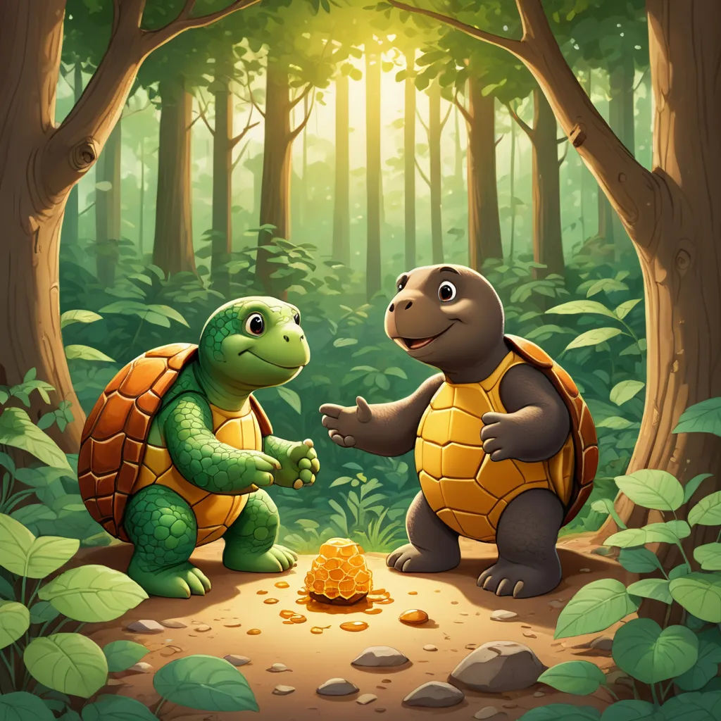 two turtles in the forest with a honey on the ground and a tree in the background with leaves on the ground, sots art, a storybook illustration, Chris LaBrooy, official art