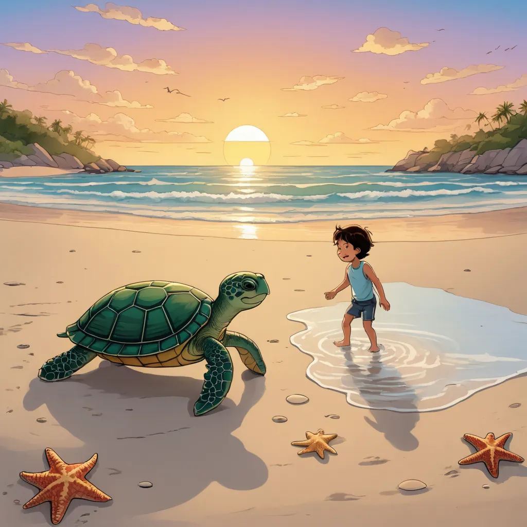 a boy is walking on the beach with a turtle in front of him and starfish in the water, magical realism, a storybook illustration, Cliff Childs, storybook illustration