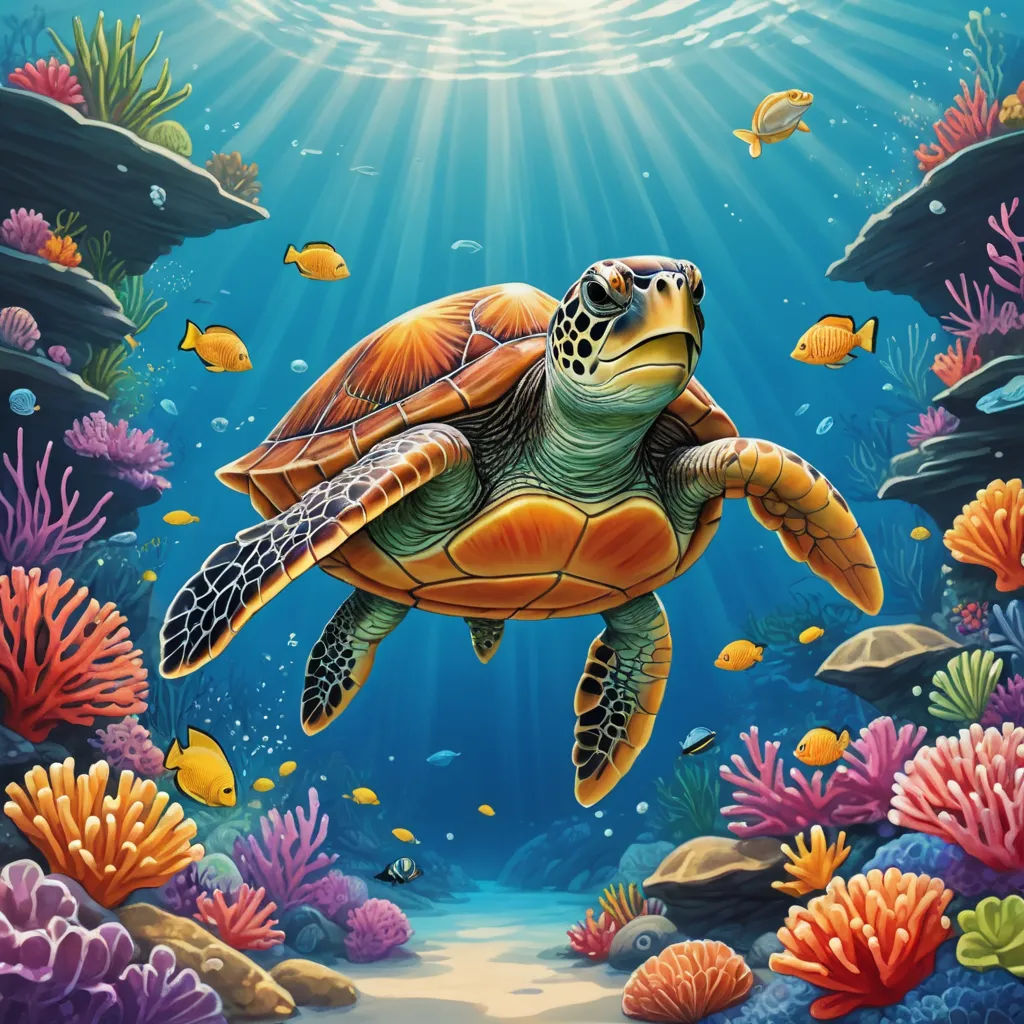 a painting of a turtle swimming in the ocean with corals and fish around it, with sunlight streaming through the water, fantasy art, an airbrush painting, Chris LaBrooy, highly detailed digital painting