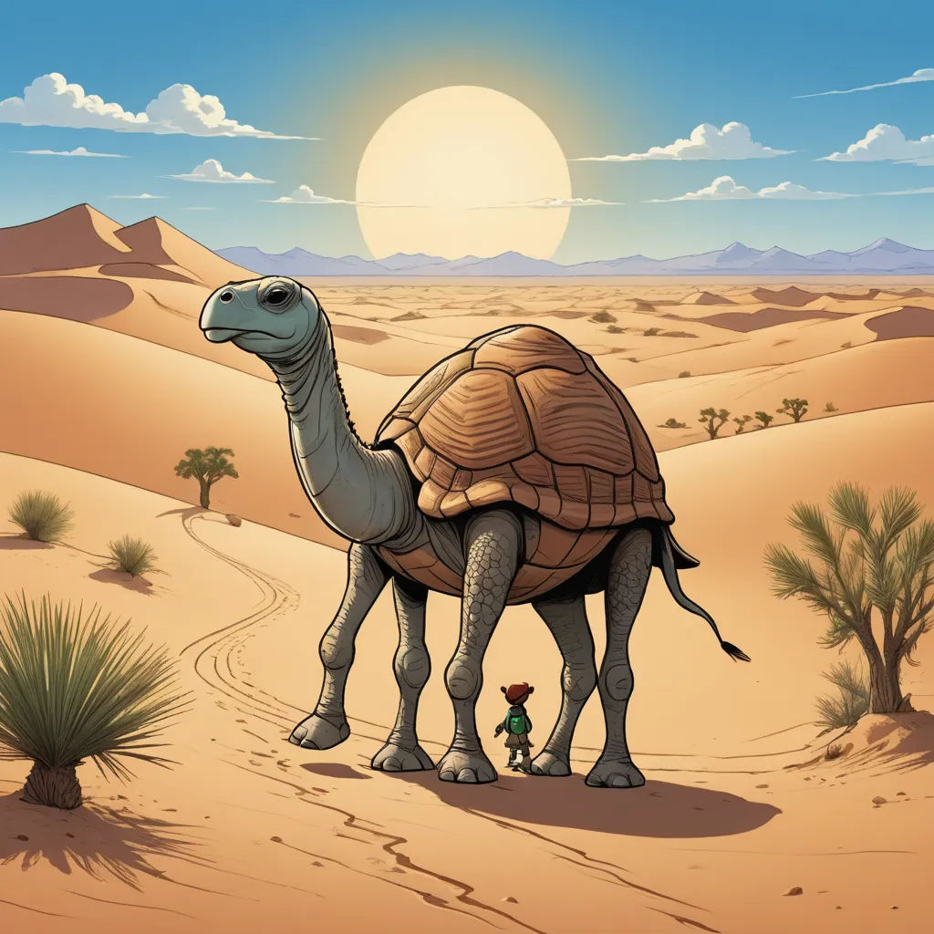 a cartoon of a camel in the desert with a little boy standing on the side of it in front of the sun, fantasy art, a storybook illustration, Chris LaBrooy, storybook illustration