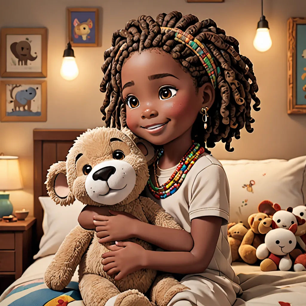 a young girl sitting on a bed holding a teddy bear in her arms and smiling at the camera with a stuffed animal beside her, photorealism, a digital rendering, Chinwe Chukwuogo-Roy, cgstudio