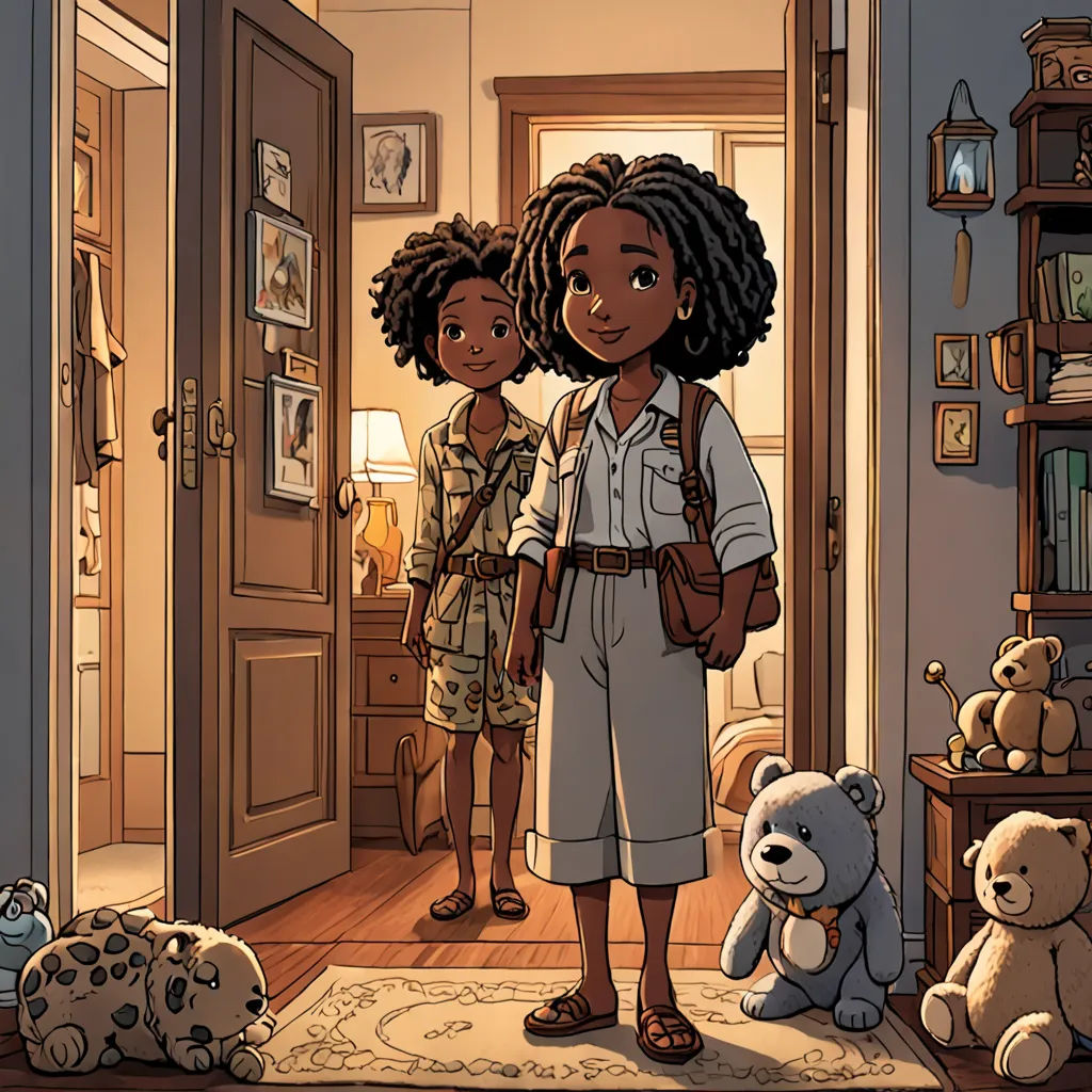 a cartoon of two women standing in a room with teddy bears and a teddy bear on the floor in front of them, harlem renaissance, a storybook illustration, Cliff Childs, comic cover art