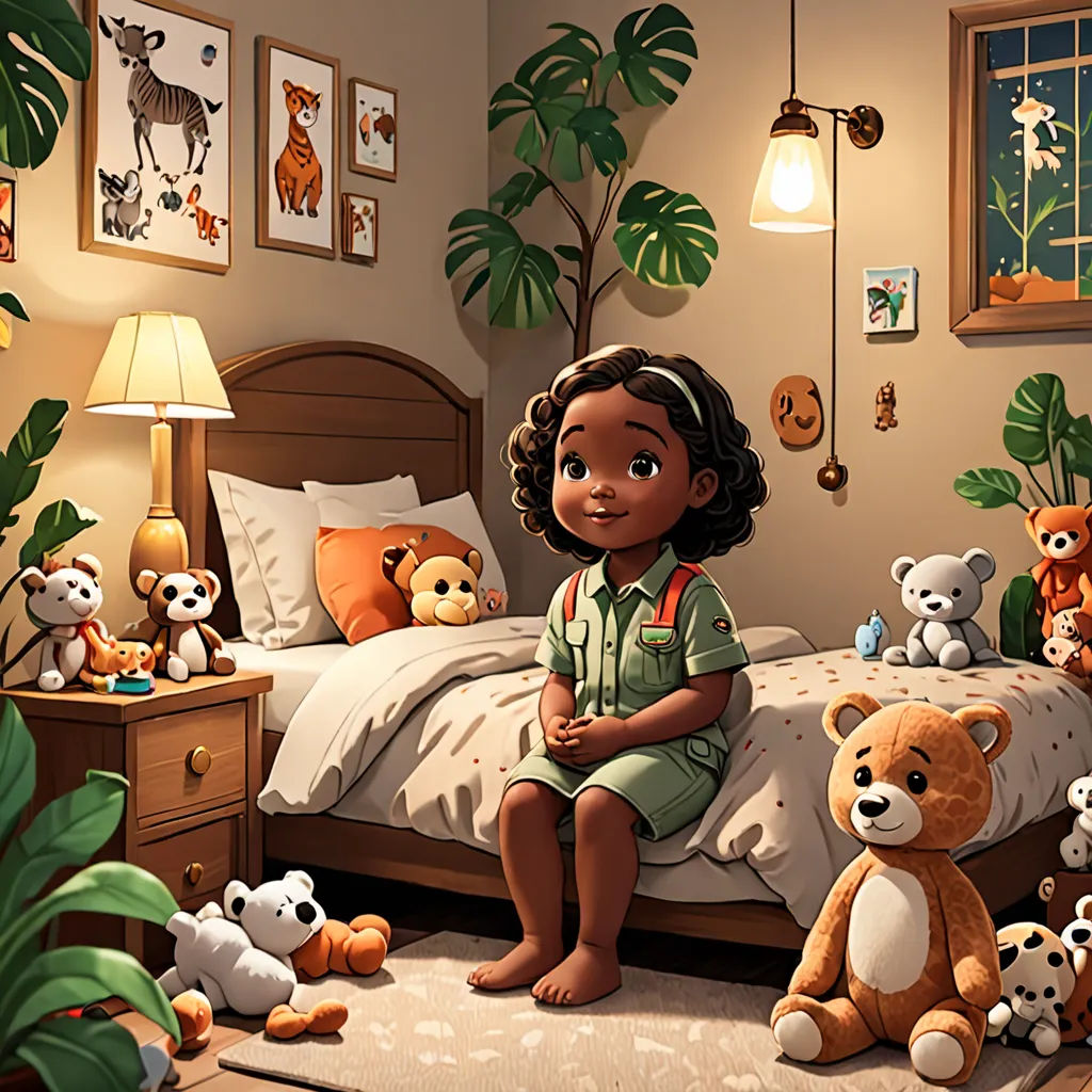 a little girl sitting on a bed surrounded by stuffed animals and plants in a bedroom with a plant in the corner, sots art, a storybook illustration, Chinwe Chukwuogo-Roy, official art