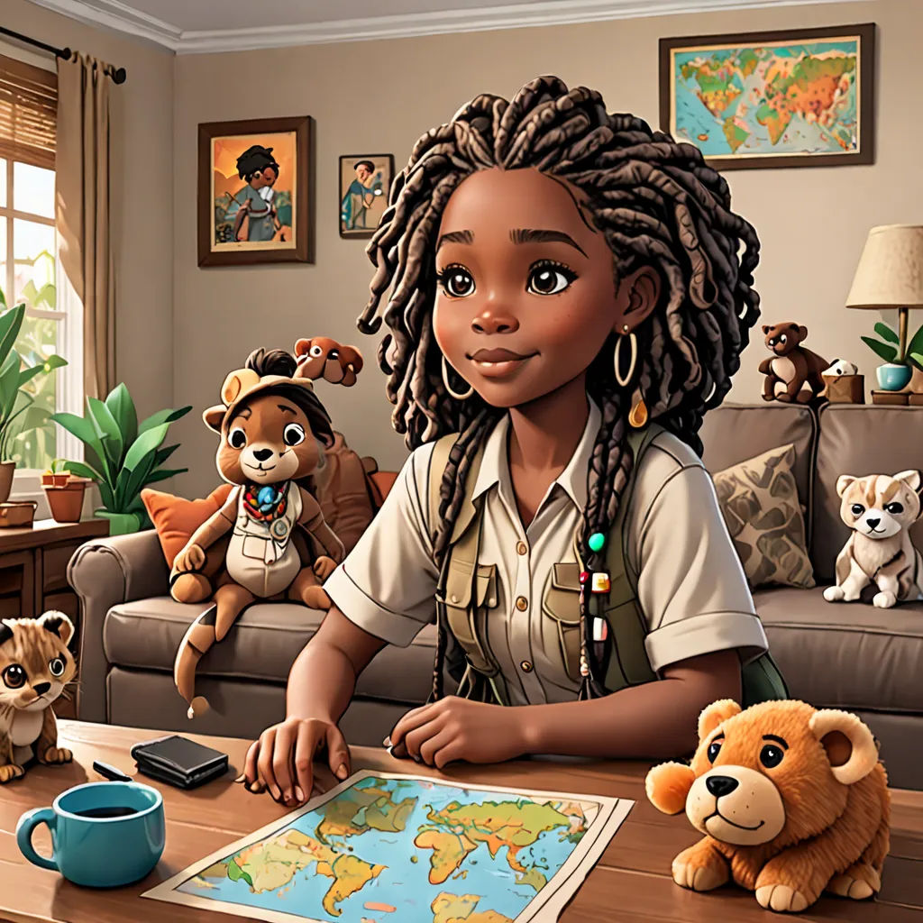 a woman sitting at a table with stuffed animals and a map of the world on it's table, sots art, a storybook illustration, Chris LaBrooy, cgstudio