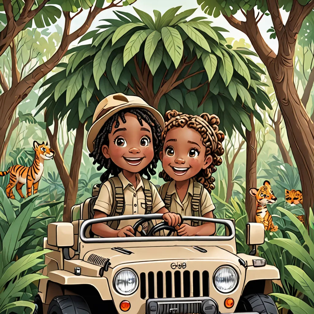a couple of kids riding in the back of a jeep in a jungle with tigers and tigers in the background, lyco art, a storybook illustration, Cliff Childs, book cover