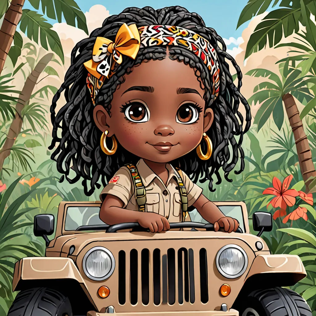 a cartoon girl with a bow on her head is riding a jeep in the jungle with palm trees and flowers, digital art, a character portrait, Chinwe Chukwuogo-Roy, jungle