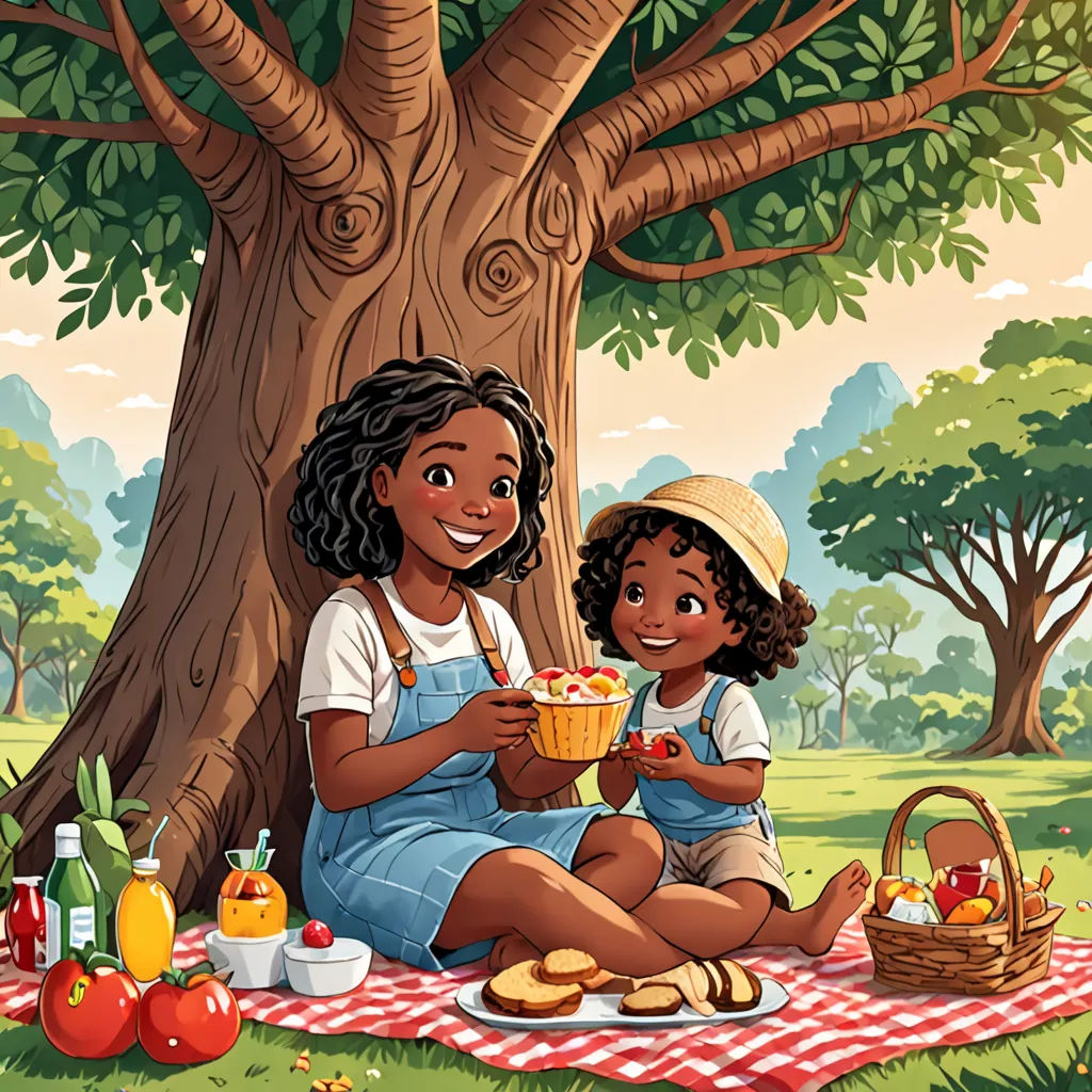 a couple of women sitting on top of a picnic blanket under a tree eating food and drinking juice from a basket, serial art, a storybook illustration, Chinwe Chukwuogo-Roy, storybook illustration