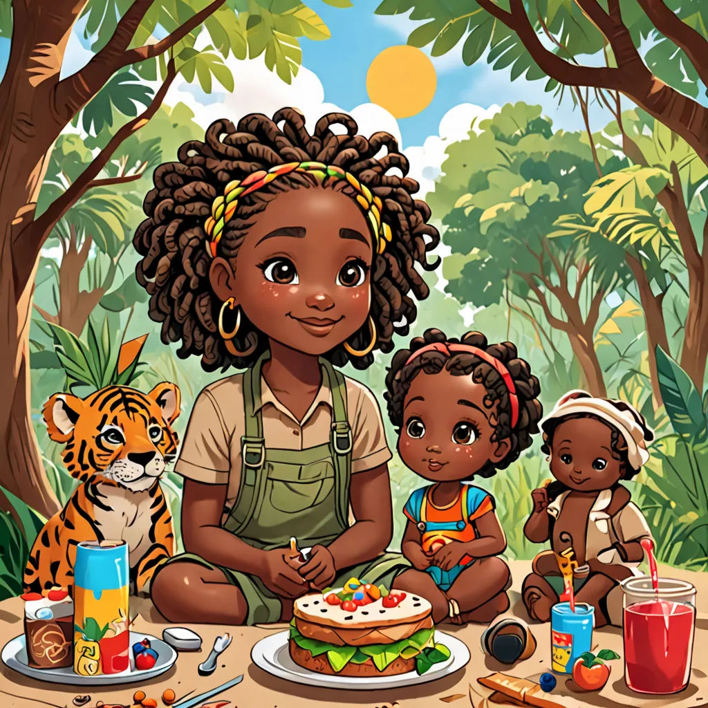 a woman sitting on the ground with two children and a tiger in the background, surrounded by food and drinks, afrofuturism, a storybook illustration, Chinwe Chukwuogo-Roy, storybook illustration