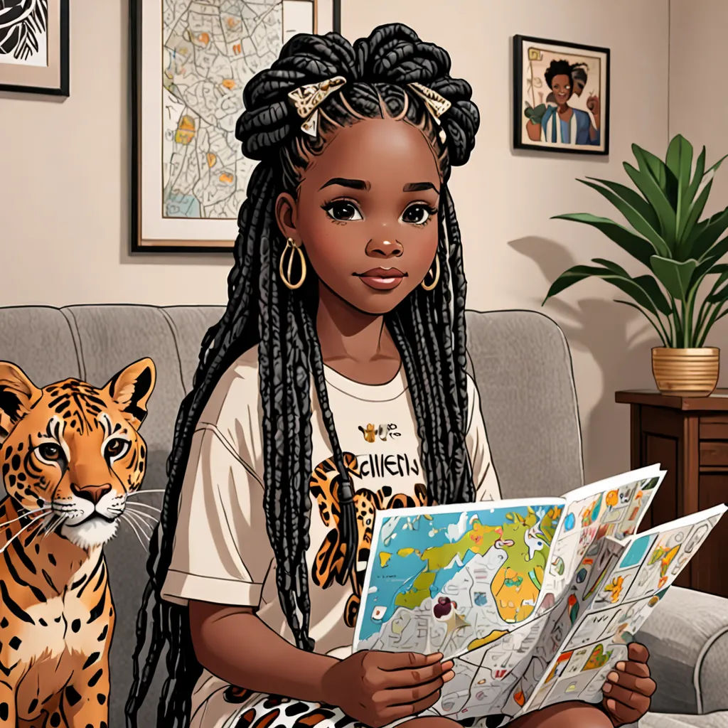 a girl sitting on a couch reading a map with a tiger nearby on the couch behind her, a plant and a picture of a tiger, furry art, a comic book panel, Chinwe Chukwuogo-Roy, brown skin