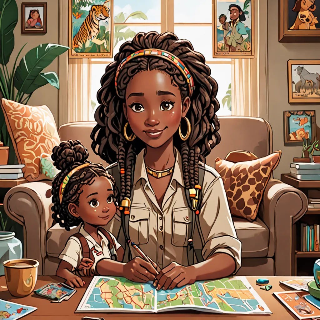 a woman and a child are sitting at a table with a map and a cup of coffee in front of them, afrofuturism, a storybook illustration, Chinwe Chukwuogo-Roy, jungle