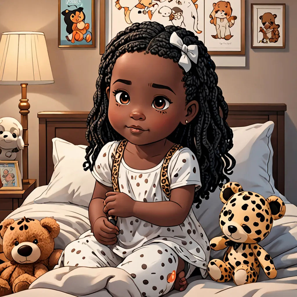 a little girl sitting on a bed with stuffed animals in front of her and a lamp on the side table, photorealism, a storybook illustration, Chinwe Chukwuogo-Roy, cute and adorable