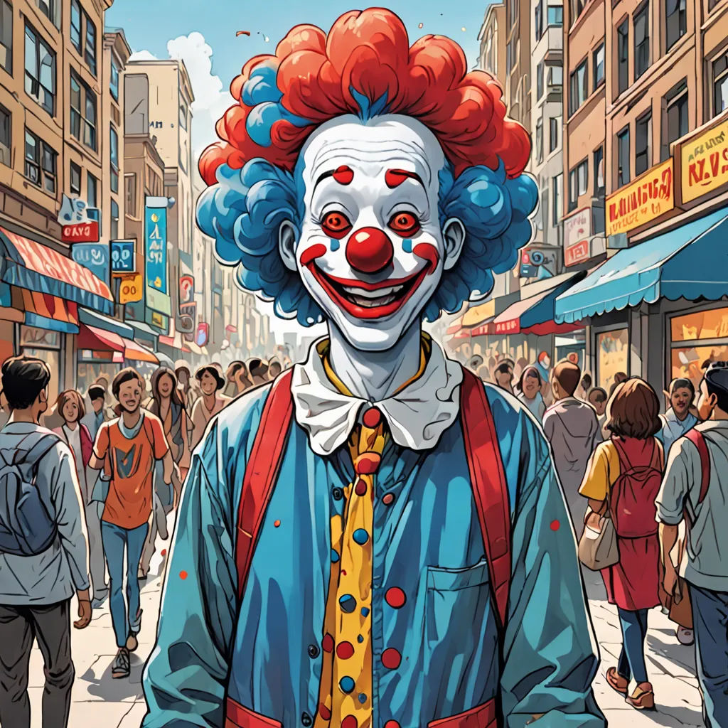 a clown with a red wig and blue shirt and tie standing in front of a crowd of people on a city street, hyperrealism, a comic book panel, Art Spiegelman, josan gonzales and dan mumford