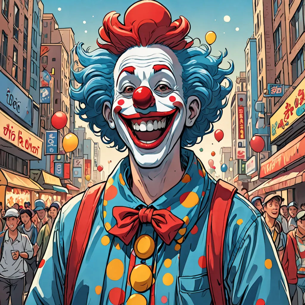 a clown with a red clown nose and blue hair is smiling in a crowded city street with people and balloons, fantastic realism, a comic book panel, Dan Mumford, josan gonzales and dan mumford