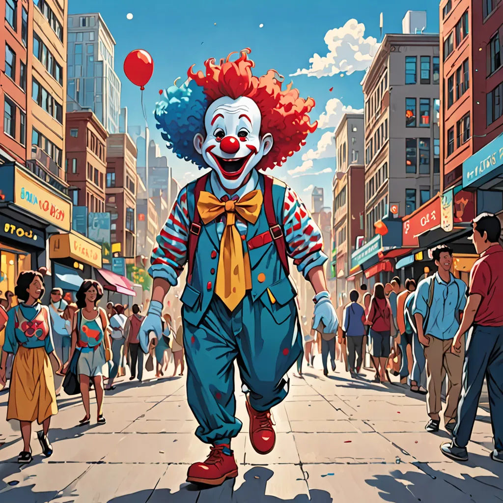 a clown is walking down a crowded street in a city with people walking around him and a balloon floating in the air, american scene painting, a comic book panel, Chris LaBrooy, josan gonzales and dan mumford