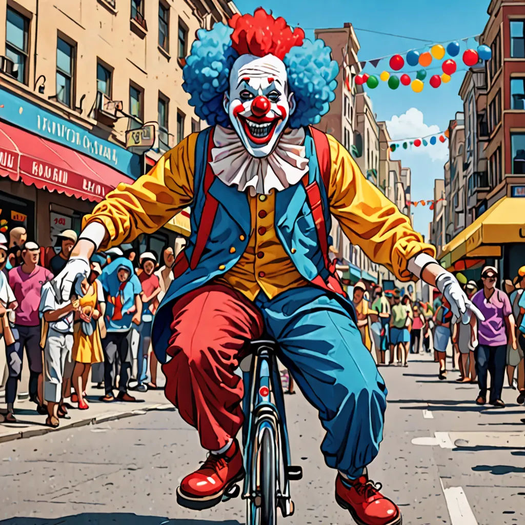 a clown riding a bicycle down a street with people walking around it and a crowd of people walking around, hyperrealism, an ultrafine detailed painting, Eddie Mendoza, highly detailed digital painting