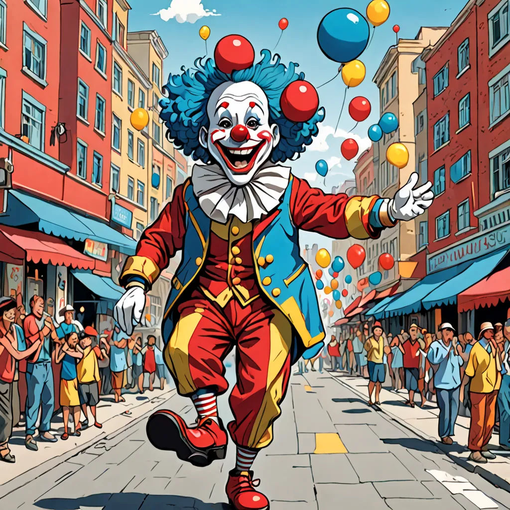 a cartoon of a clown running down a street with balloons in the air and people watching from the sidelines, fantastic realism, a comic book panel, Chris LaBrooy, josan gonzales and dan mumford
