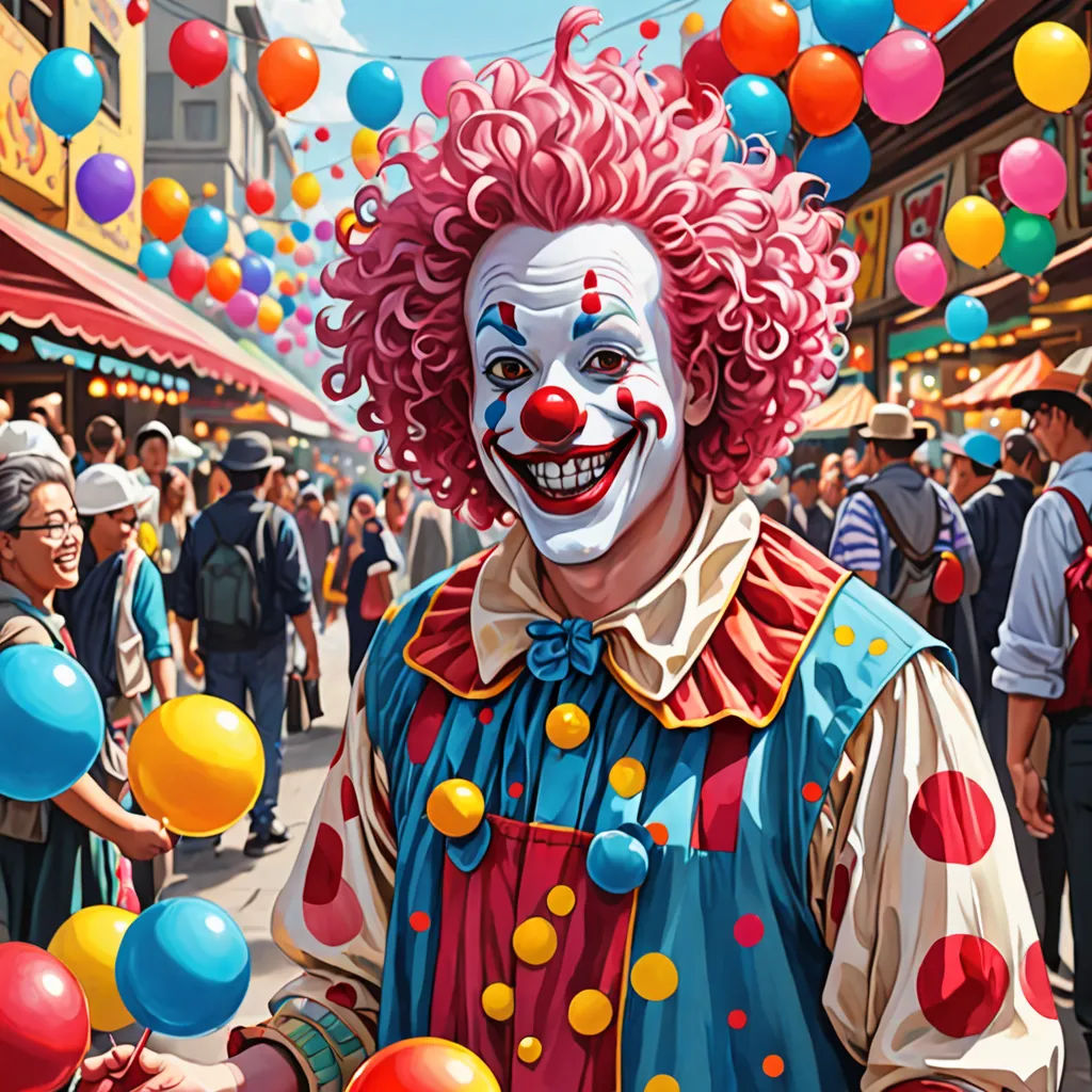 a clown with red hair and a clown mask on holding balloons in a crowded street with people in the background, photorealism, a photorealistic painting, Chris LaBrooy, highly detailed digital painting