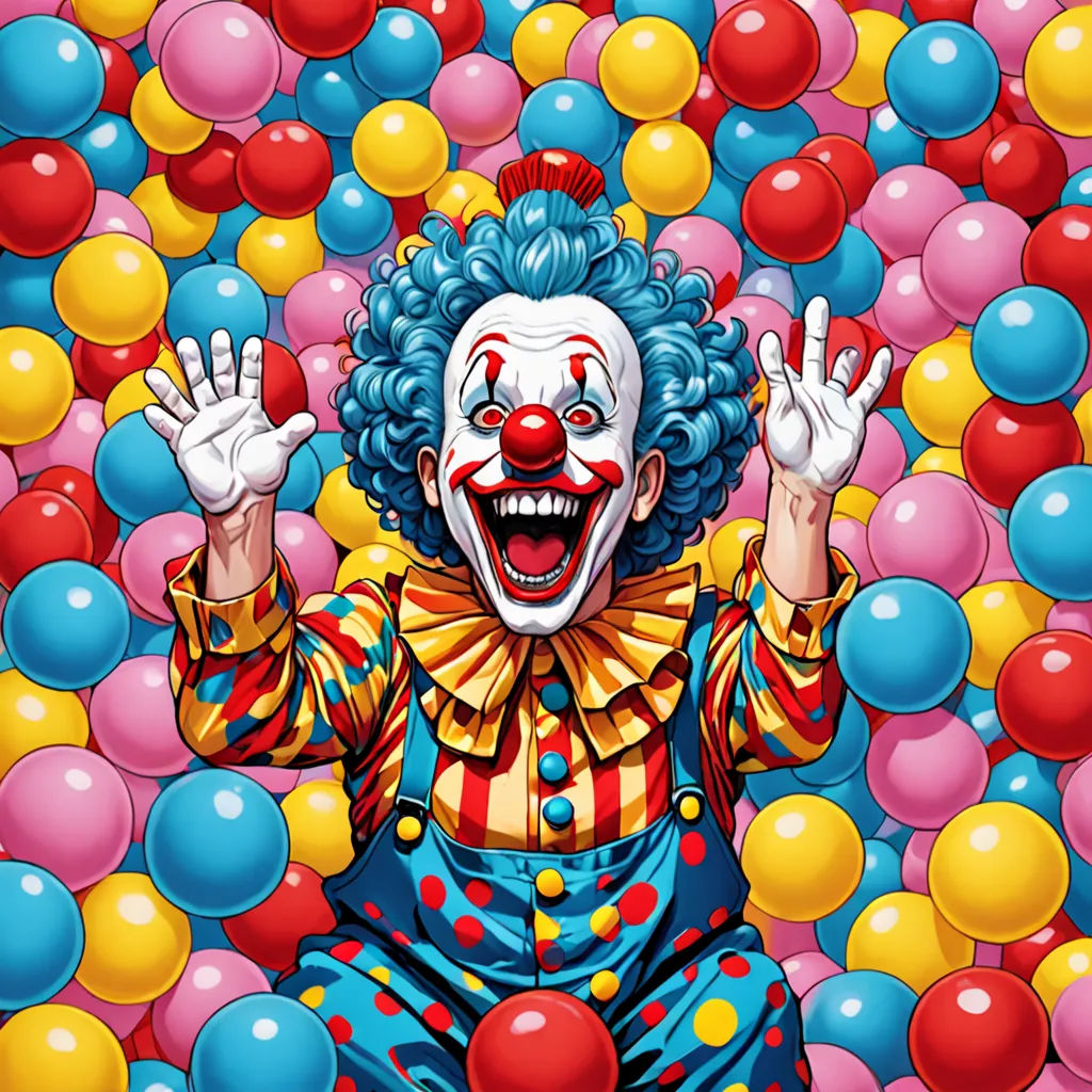 a clown is surrounded by many balloons and balls in a pool of watercolors, with his hands up, pop surrealism, a detailed drawing, Alex Horley-Orlandelli, highly detailed digital painting