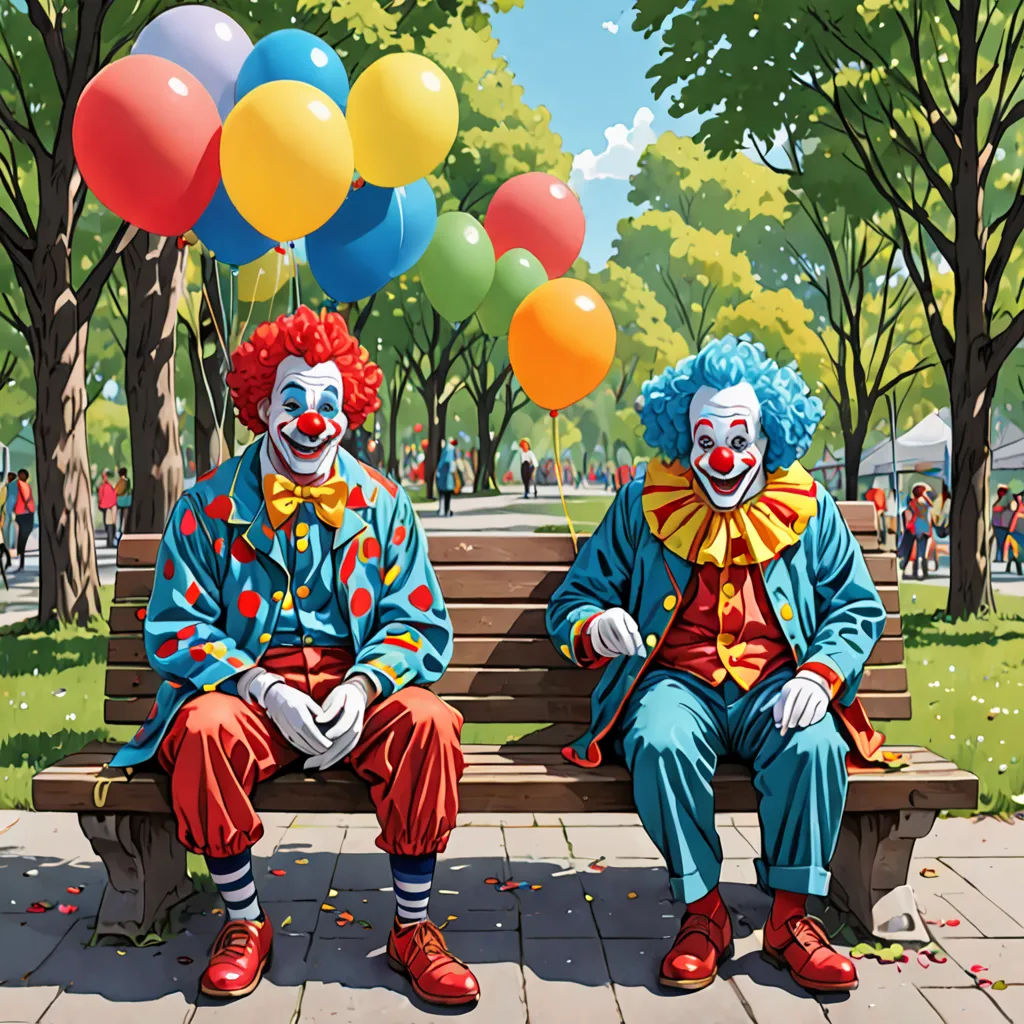 two clowns sitting on a bench with balloons in the background and a park with people in the background, fantastic realism, a stock photo, Chris LaBrooy, highly detailed digital painting