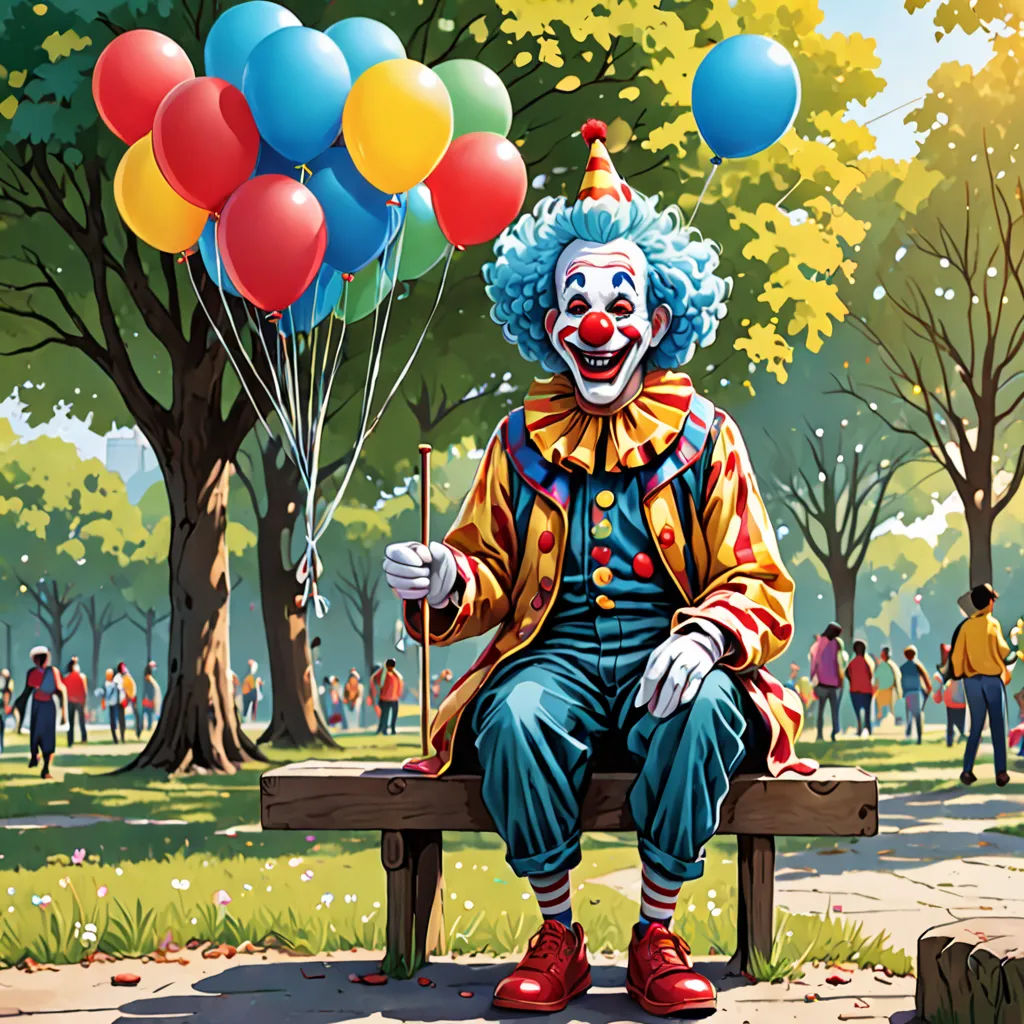 a clown sitting on a bench with balloons in the park behind him and people walking around him on the other side, american realism, a stock photo, Chris LaBrooy, ultra realistic digital art