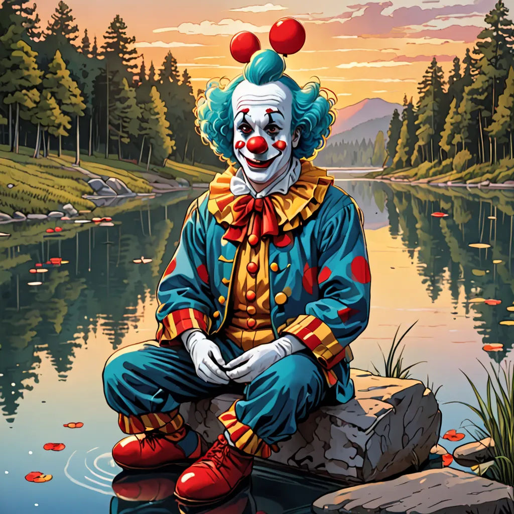 a painting of a clown sitting on a rock in front of a lake with a forest in the background, lowbrow, an ultrafine detailed painting, Dan Mumford, josan gonzales and dan mumford