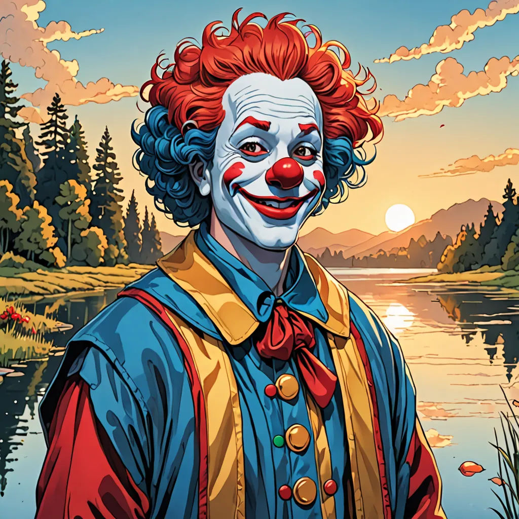 a cartoon of a clown with a red hair and a blue shirt and a lake in the background with trees, altermodern, a character portrait, Dan Mumford, josan gonzales and dan mumford