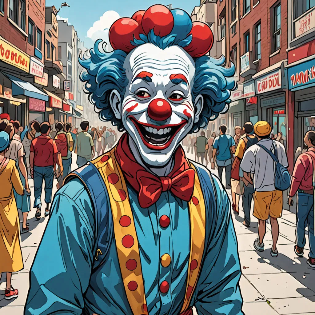 a cartoon of a clown with a red hat and clown makeup on a city street with people walking around, underground comix, a comic book panel, Chris LaBrooy, josan gonzales and dan mumford