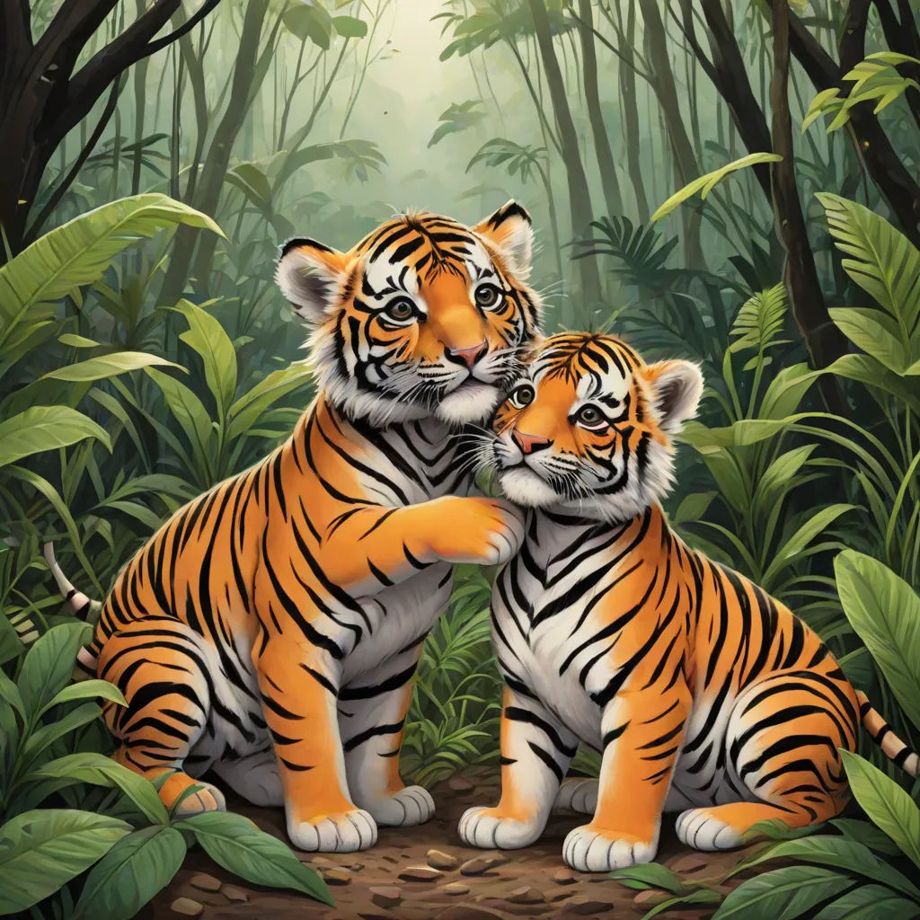 two tigers sitting in the middle of a jungle with trees and plants behind them, one of them is hugging the other, an oil painting, Brothers Hildebrandt, furry art, highly detailed digital painting