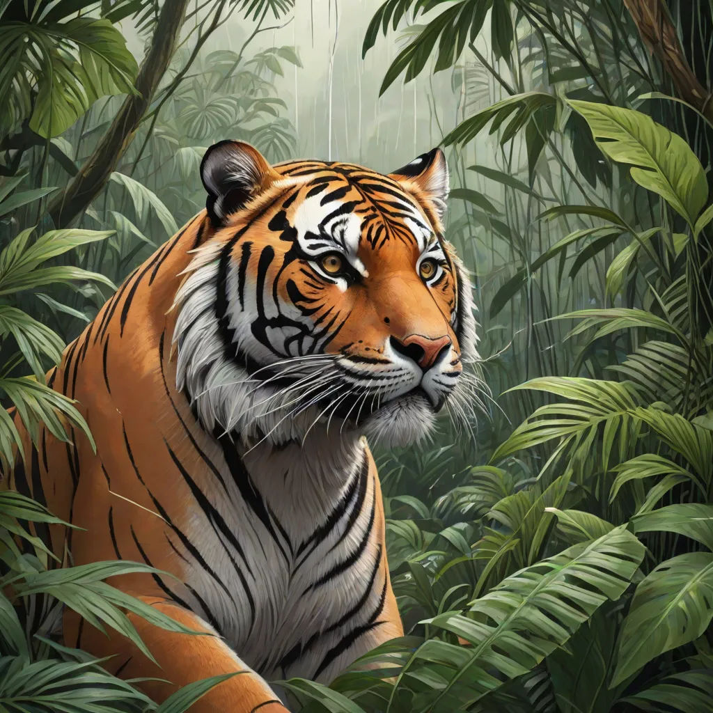 a tiger in the jungle with a lot of leaves around it's neck and head, looking at the camera, an airbrush painting, Brom, photorealism, highly detailed digital painting