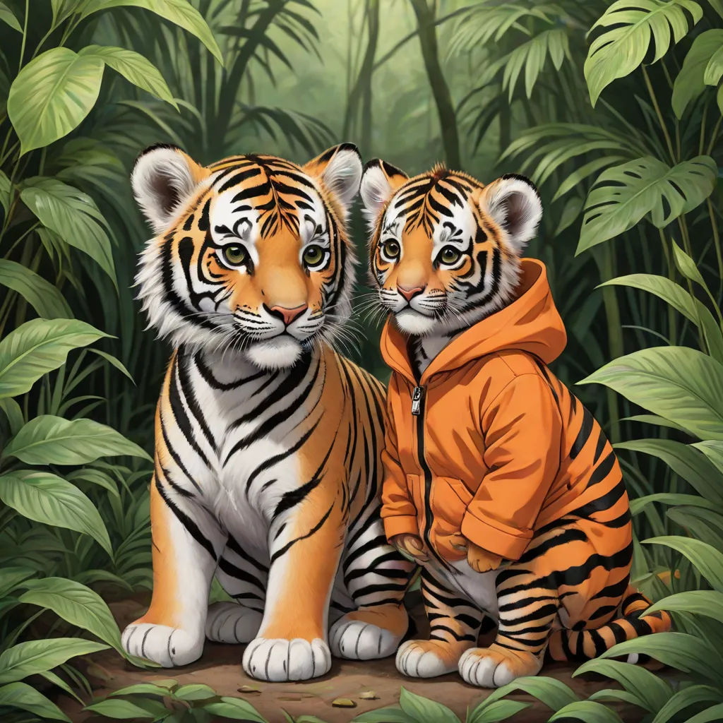 two tigers sitting in the middle of a jungle with leaves on the ground and one tiger in the middle of the picture, an oil painting, Brothers Hildebrandt, furry art, orange