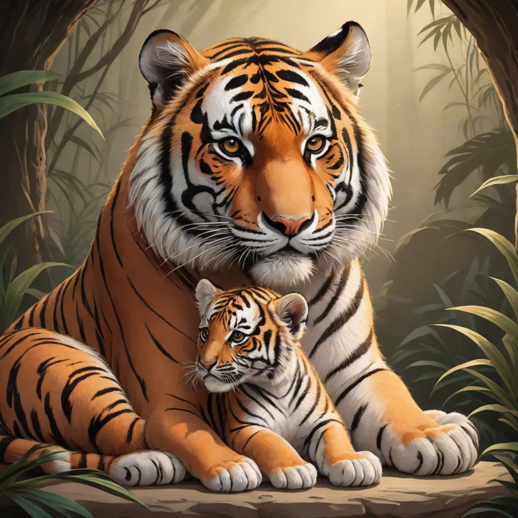a tiger and her cub are sitting in the jungle together, with a light shining on them and a tree behind them, an oil painting, Brothers Hildebrandt, furry art, highly detailed digital painting