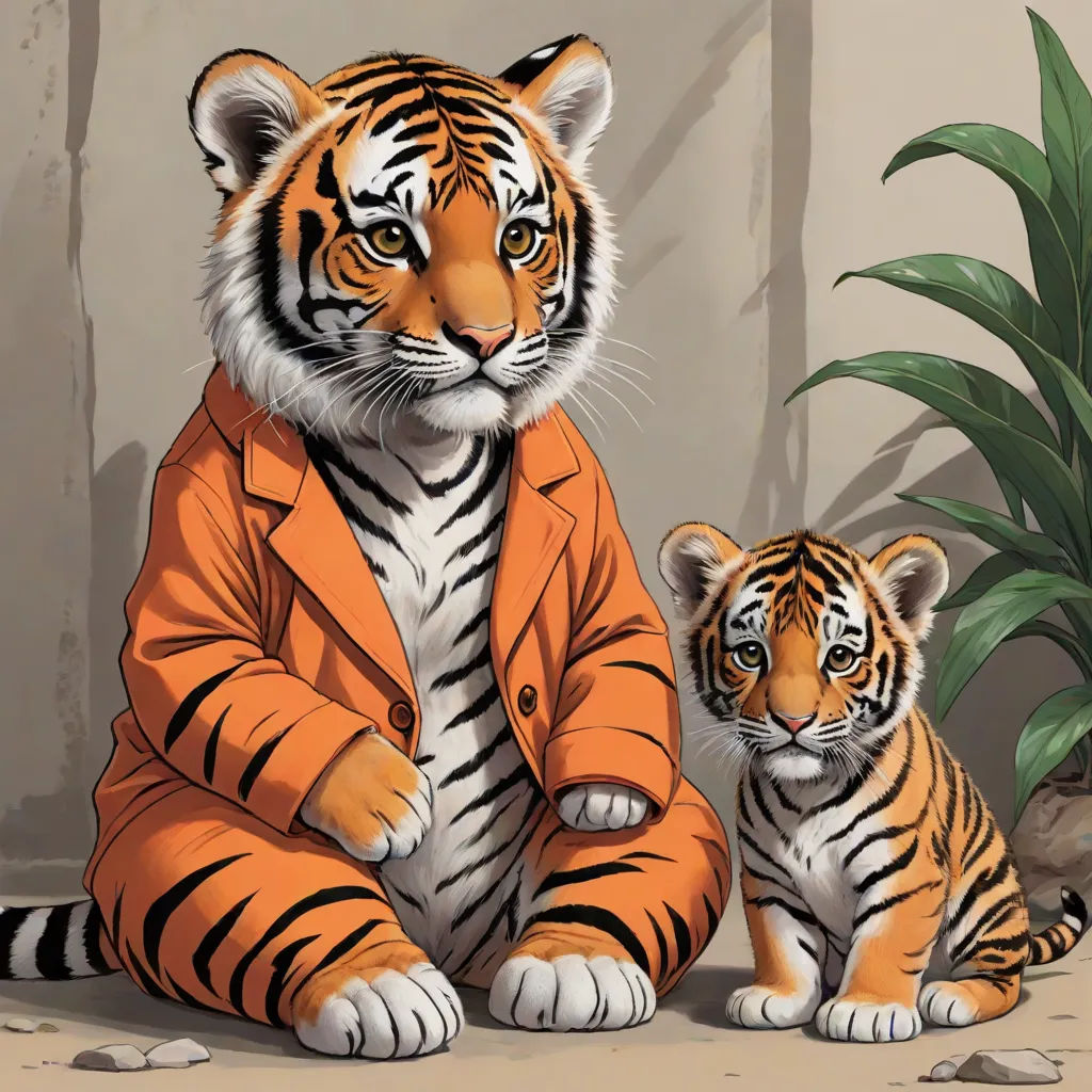 a tiger and a cub sitting next to each other in front of a plant and a wall with a bamboo plant, an oil painting, Brothers Hildebrandt, furry art, orange