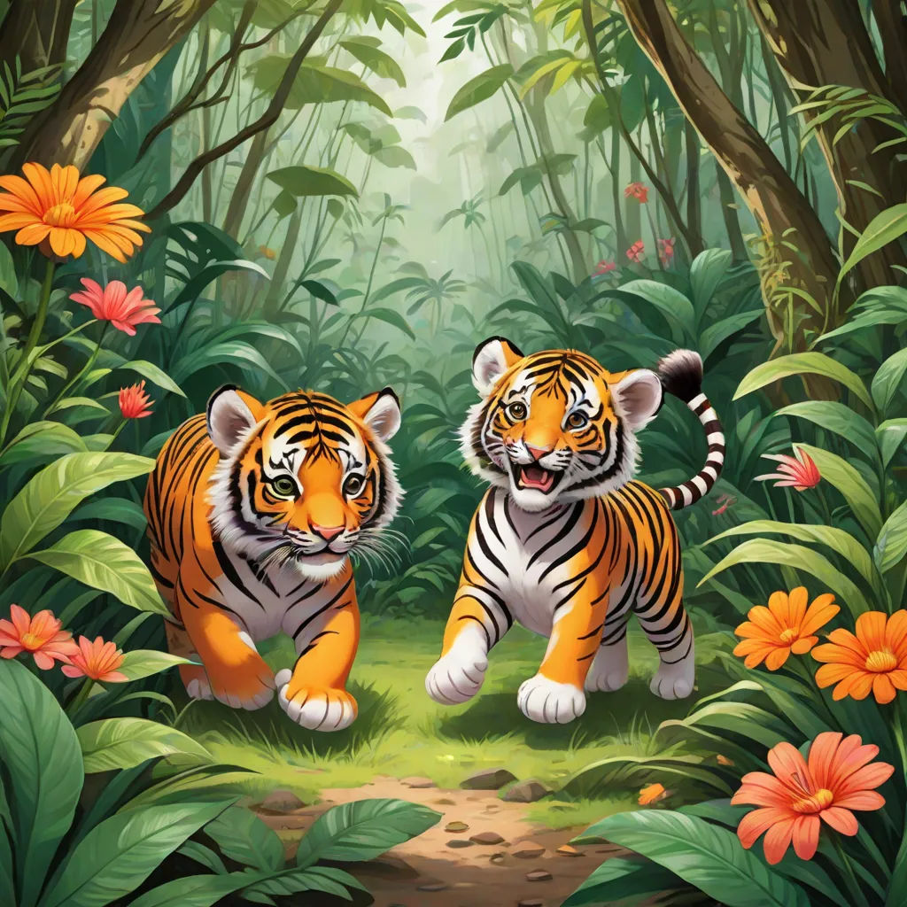 two tigers walking through a jungle with flowers and trees in the background, with a path leading to them, a storybook illustration, Anne Stokes, furry art, jungle