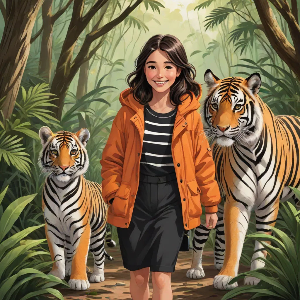 a woman in a black dress and a tiger in a jungle with trees and bushes behind her and a tiger in the foreground, a storybook illustration, F Scott Hess, furry art, official art