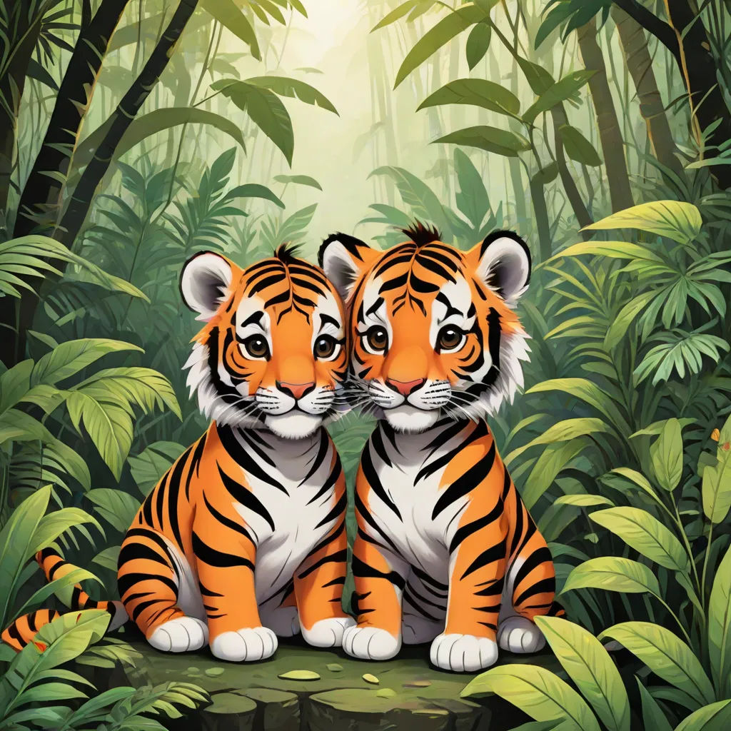 two tigers sitting in the middle of a jungle with trees and plants behind them, facing each other, with sunlight shining through the leaves, an oil painting, Brothers Hildebrandt, furry art, furaffinity