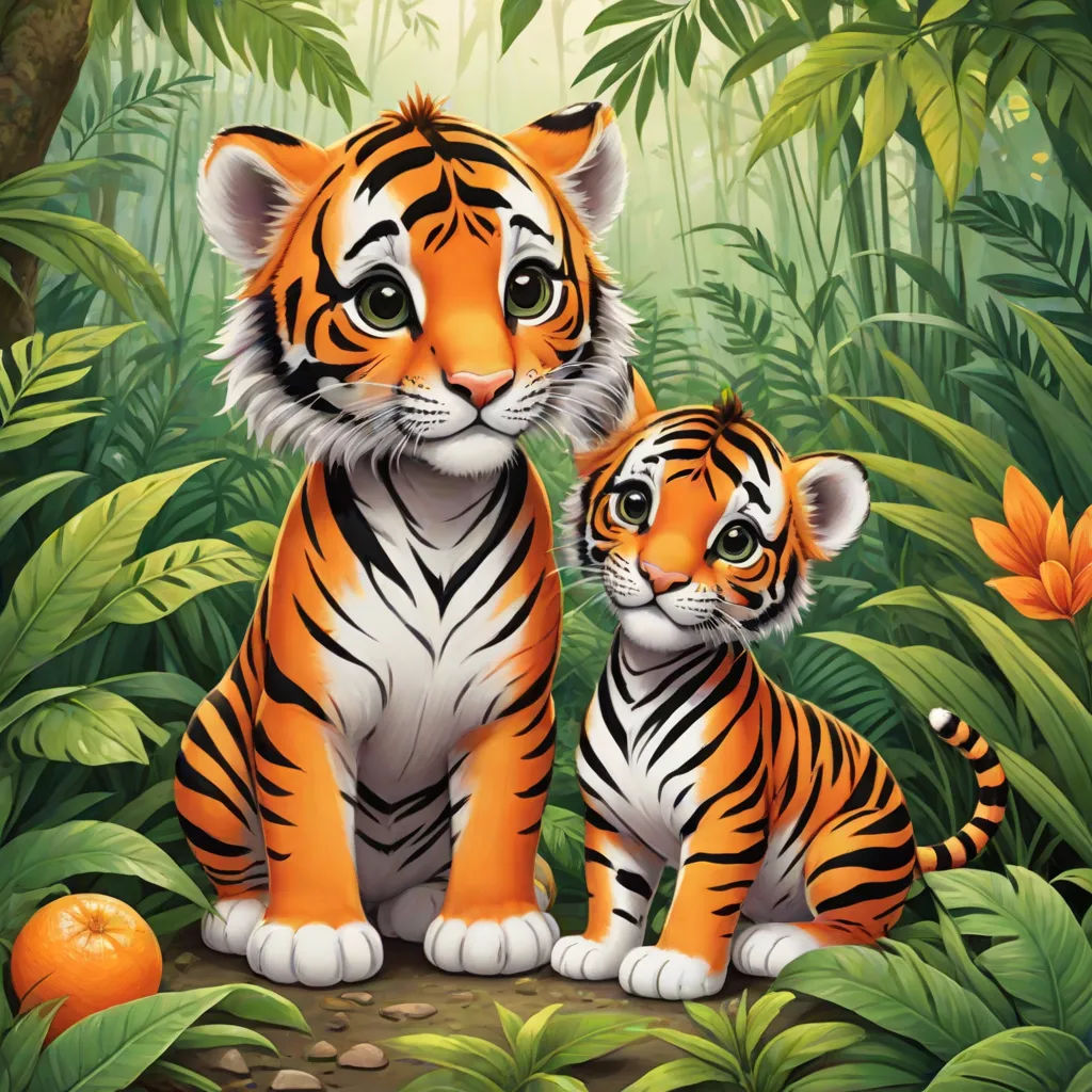 a tiger and cub sitting in the jungle together, with a background of tropical plants and flowers, and a bright light, an oil painting, Brothers Hildebrandt, furry art, orange