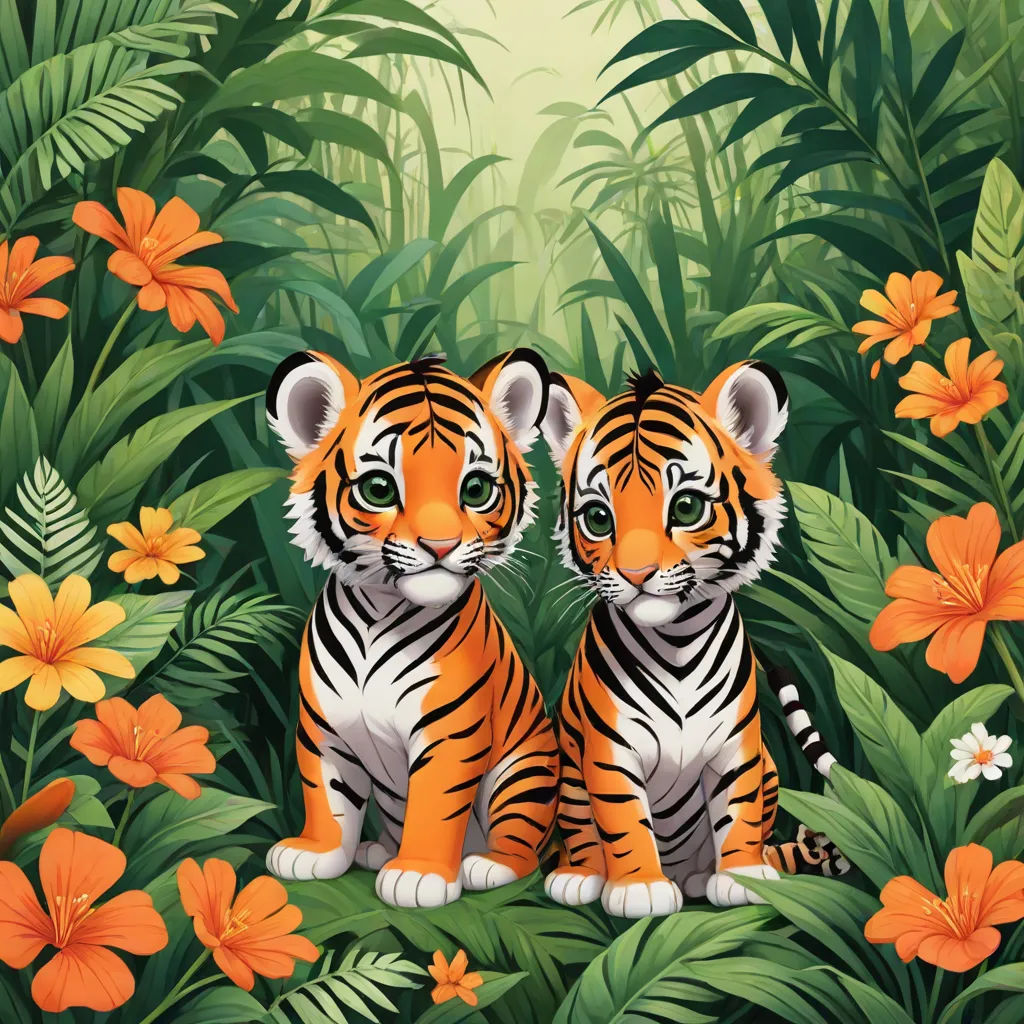 two tigers sitting in the middle of a jungle with flowers and plants around them, with a green background, a storybook illustration, Anthony Devas, pop surrealism, highly detailed digital painting
