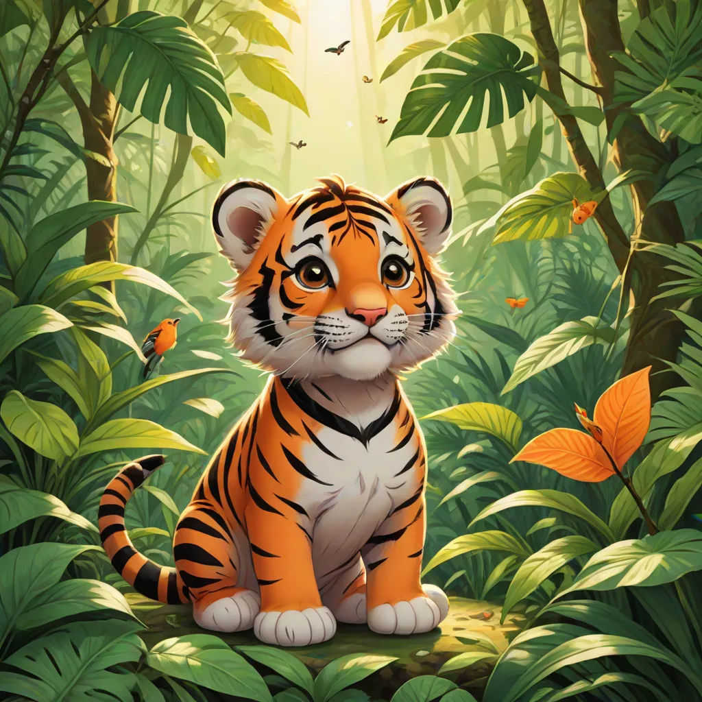 a tiger sitting in the middle of a jungle with butterflies flying around it and a bird flying above it, a digital painting, Brom, furry art, official art