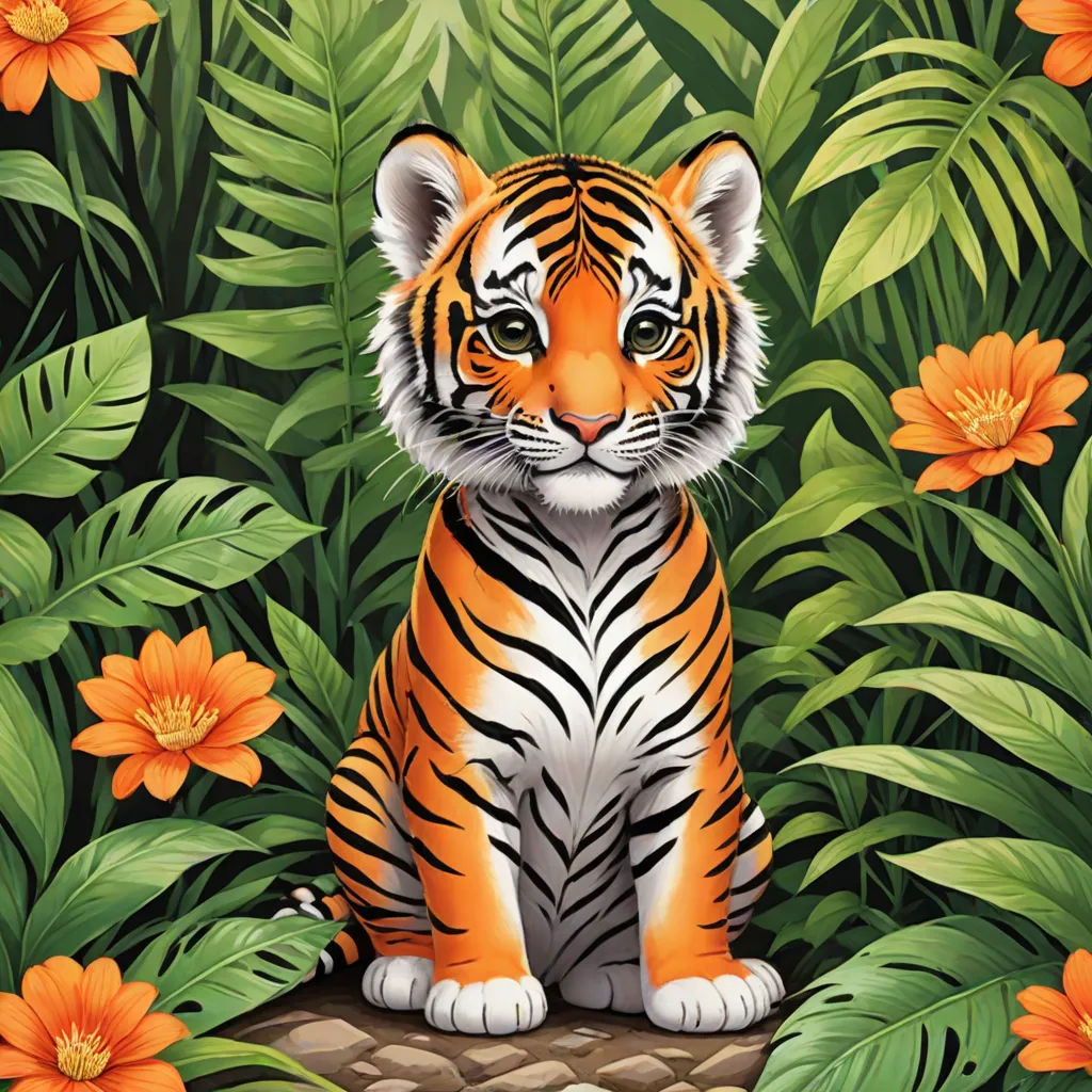 a tiger sitting in the middle of a jungle with orange flowers and green leaves on the ground and a white and black tiger, a storybook illustration, Chris LaBrooy, pop surrealism, highly detailed digital painting