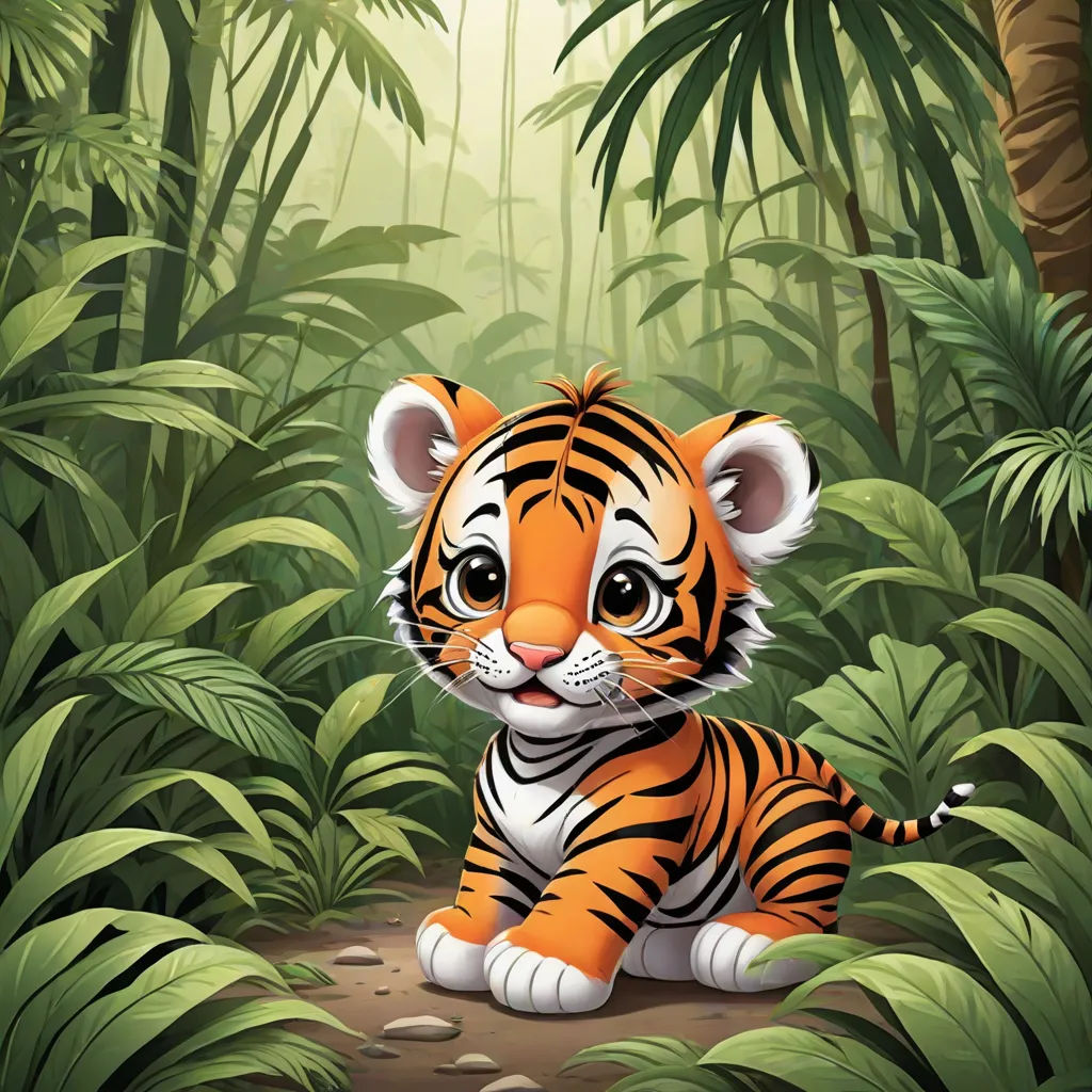 a tiger cub sitting in the middle of a jungle with a background of trees and plants and leaves,, a storybook illustration, Anthony Devas, bengal school of art, jungle