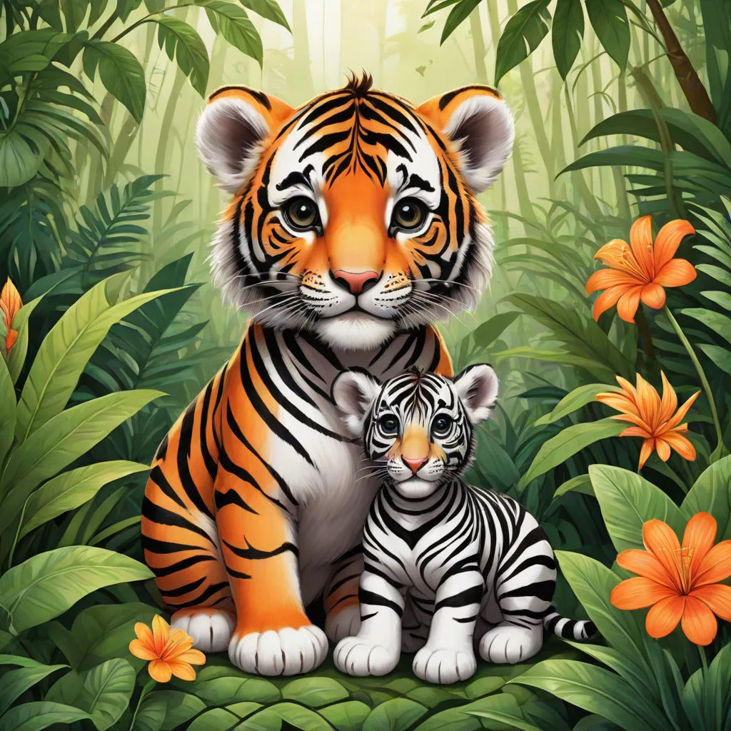 a tiger and a baby tiger sitting in the jungle together with flowers and leaves around them, and a background of orange flowers, an oil painting, Brothers Hildebrandt, furry art, highly detailed digital painting