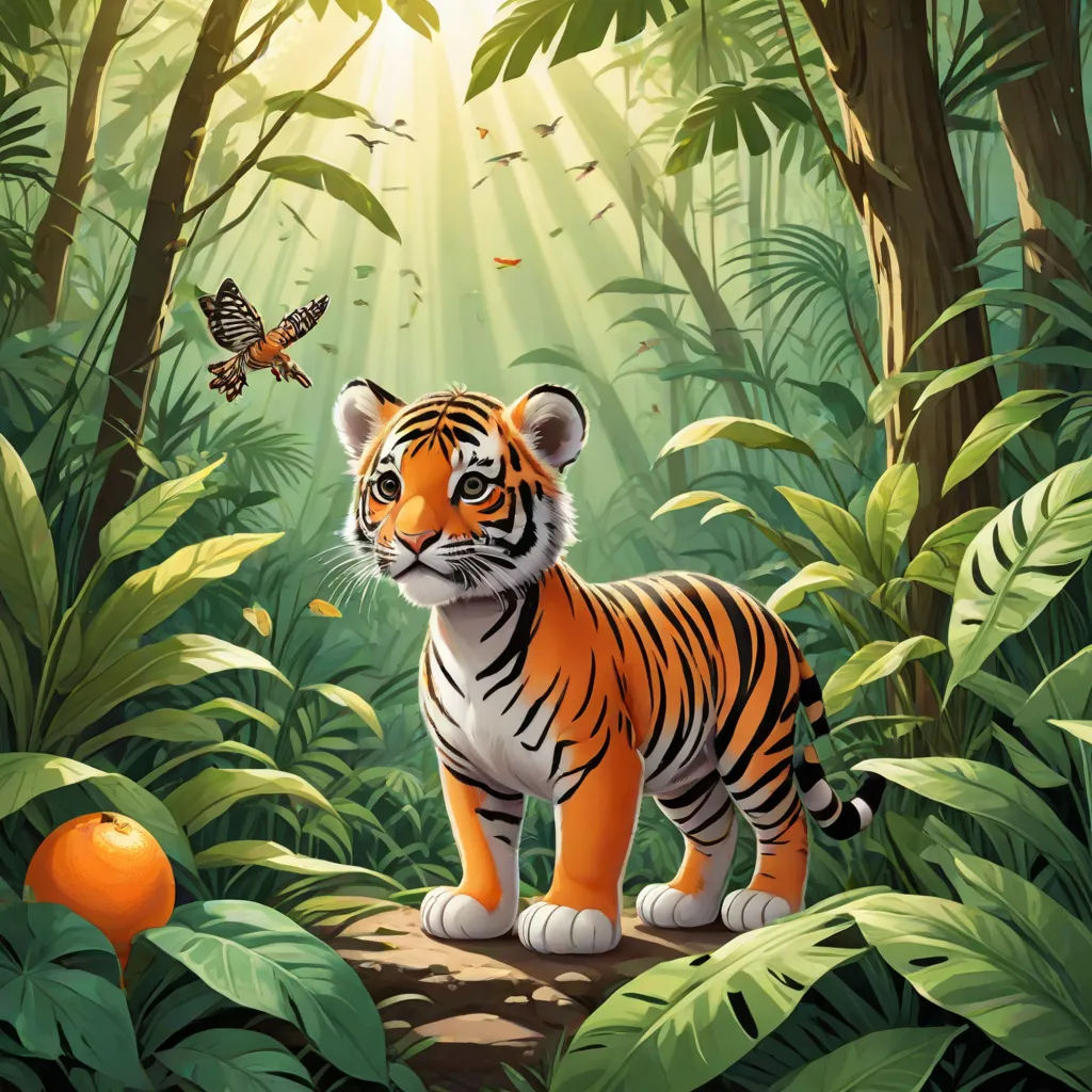a tiger standing in the middle of a jungle with a butterfly flying above it and a butterfly flying above it, a storybook illustration, Chris LaBrooy, pop surrealism, jungle