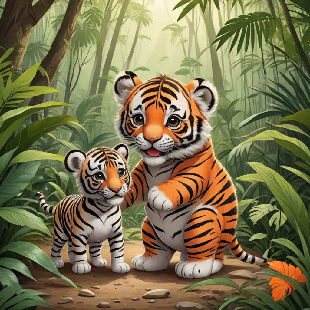 a tiger and a cub are standing in the jungle together, with a background of trees and foliage, and a sunbeam, a storybook illustration, Brothers Hildebrandt, furry art, highly detailed digital painting