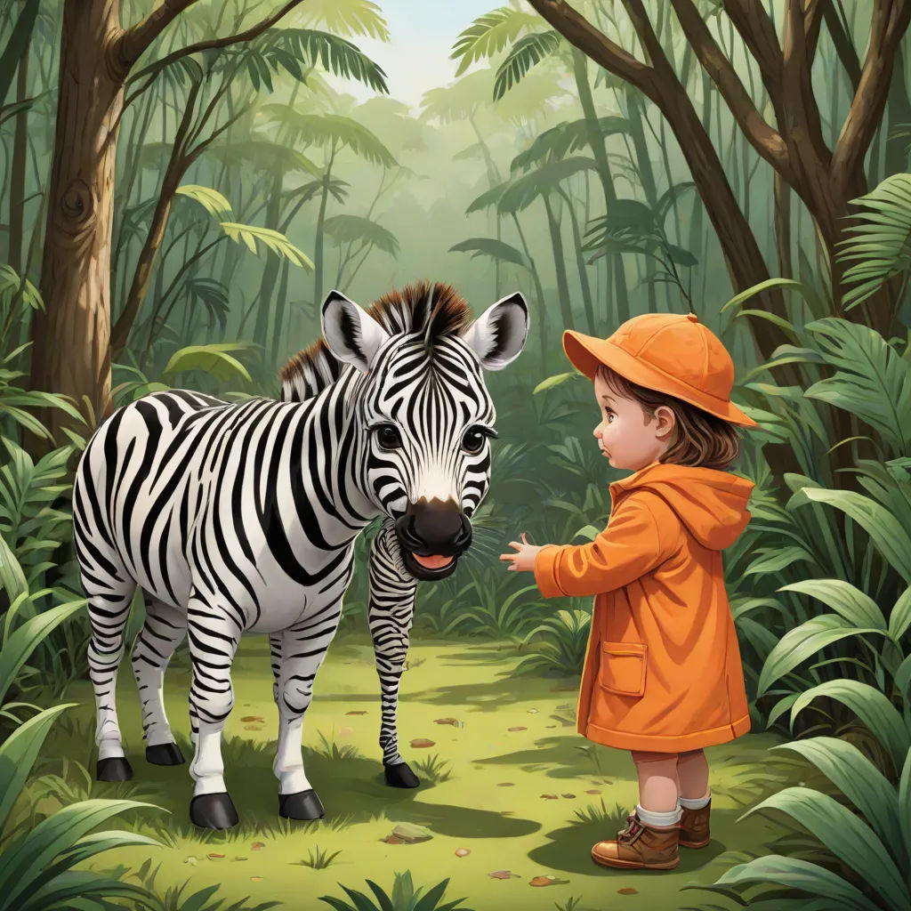 a little girl standing next to a zebra in a forest with trees and grass behind her and a zebra in the foreground, a storybook illustration, David Martin, naturalism, storybook illustration