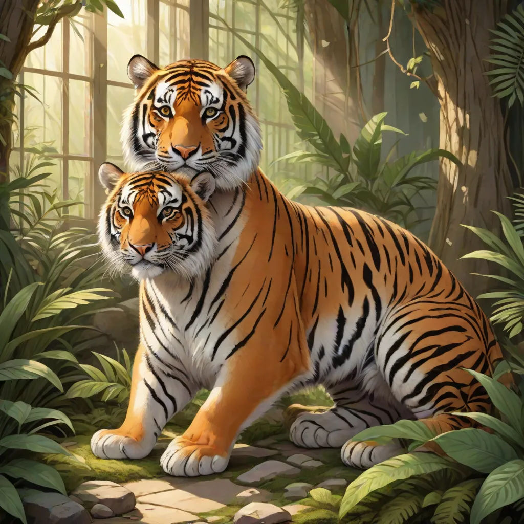 two tigers standing in the jungle with trees and plants behind them, one of them is looking at the camera, an oil painting, Brothers Hildebrandt, furry art, highly detailed digital painting